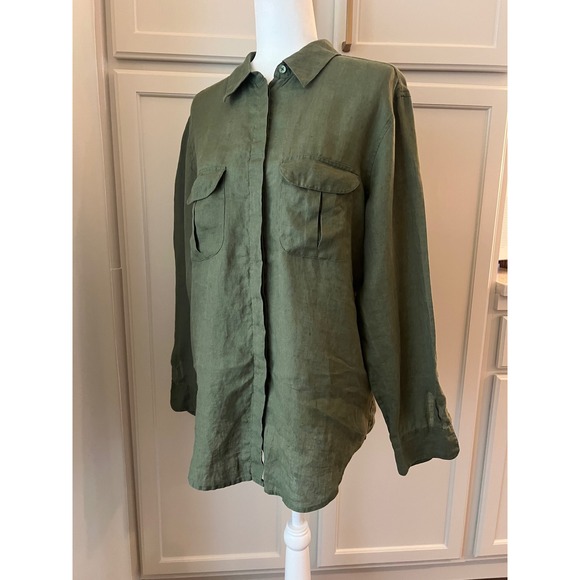 Equipment Tops - Equipment Olive Green 100% Linen Button Down Utility Shirt Medium